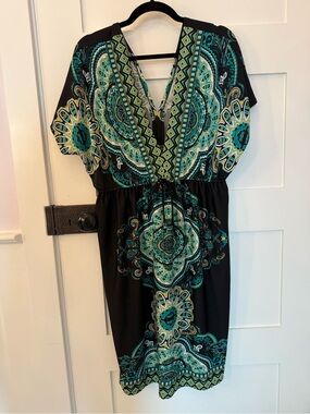 Maurices Black Dress with Teal & Green Medallion Print